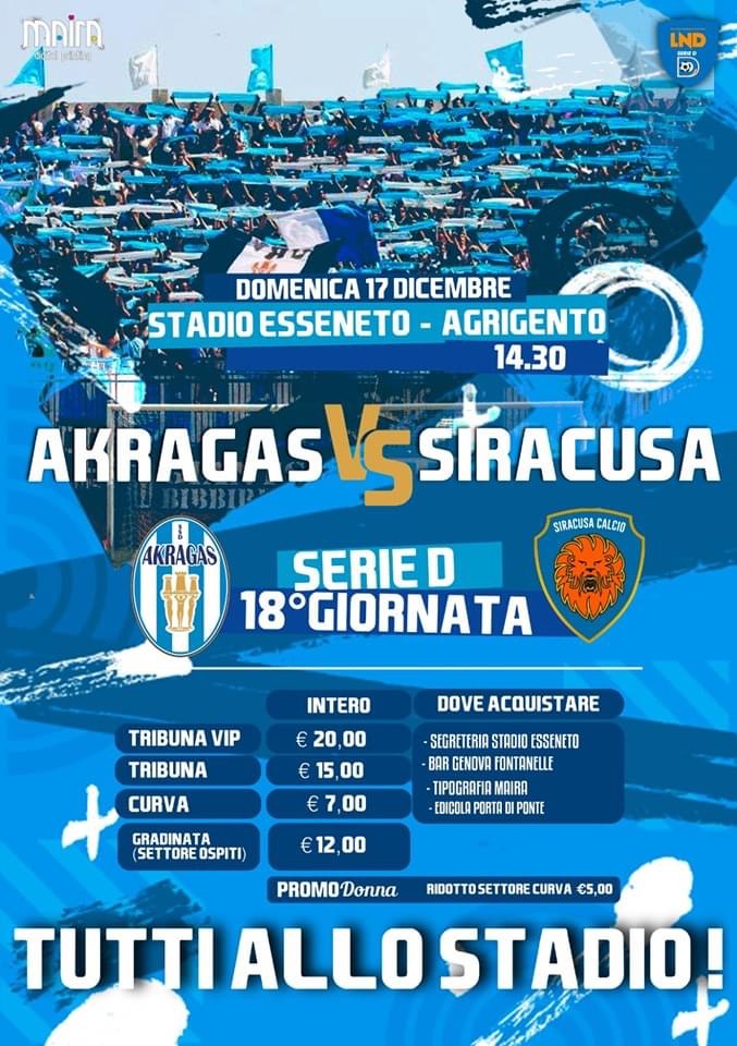 Domenica il derby siciliano Akragas-Siracusa: info biglietti e inizio prevendita, tifosi ospiti in gradinata